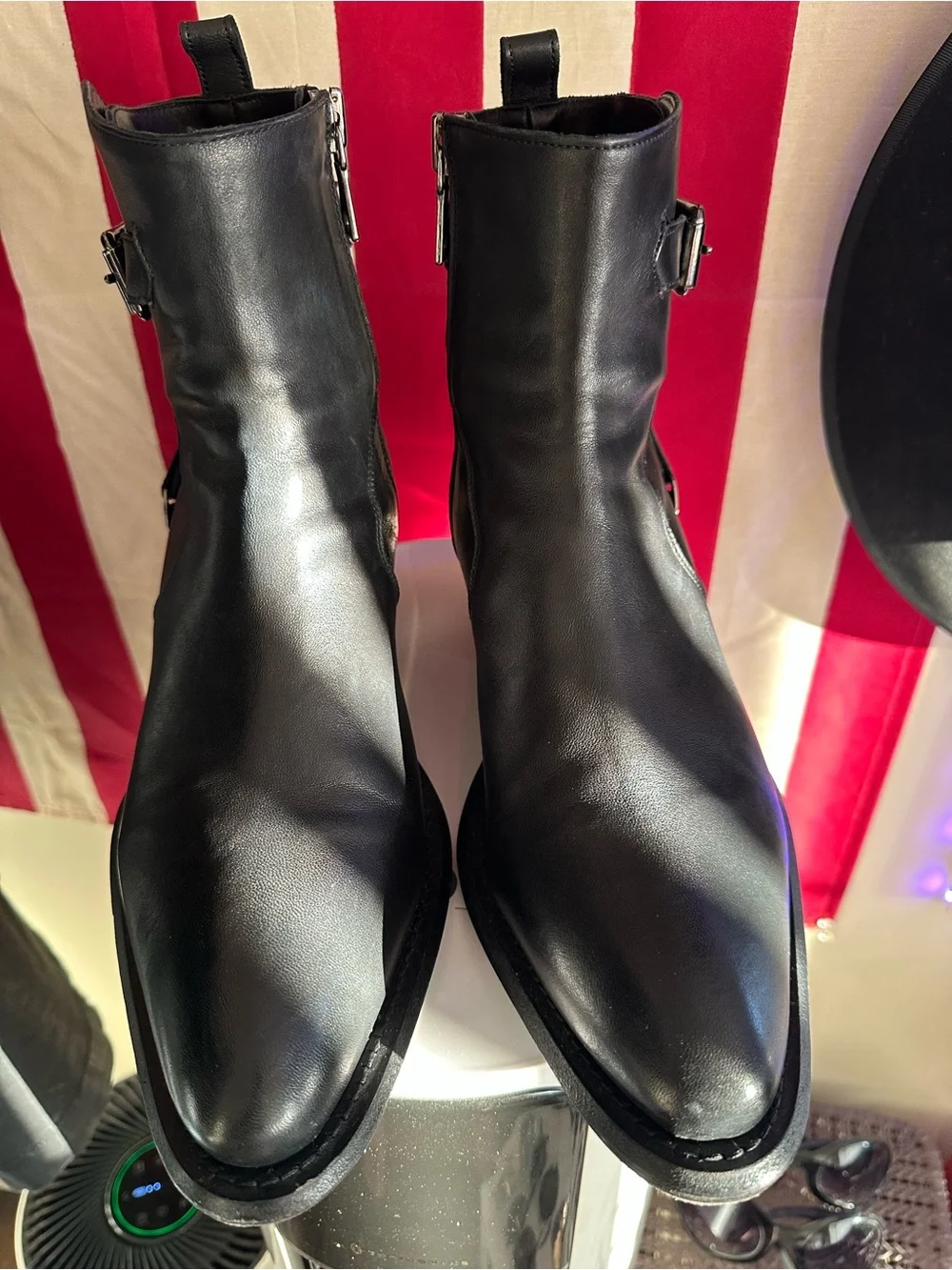 John Varvatos Black Leather Men's Zip-Ankle Boots with Side Buckles